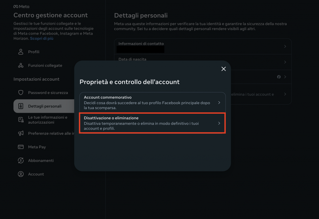 Dimostrazione del bottone da premere per poter capire come eliminare un account Facebook