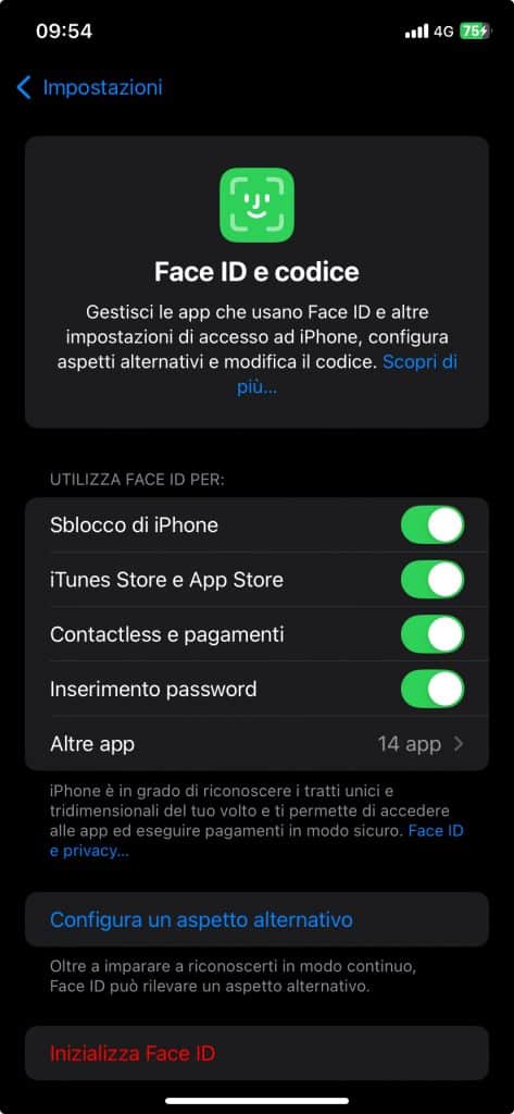 Face ID non funziona? Qui un'Immagine dimostrativa della sezione "FaceID e Codice" per eventuali controlli