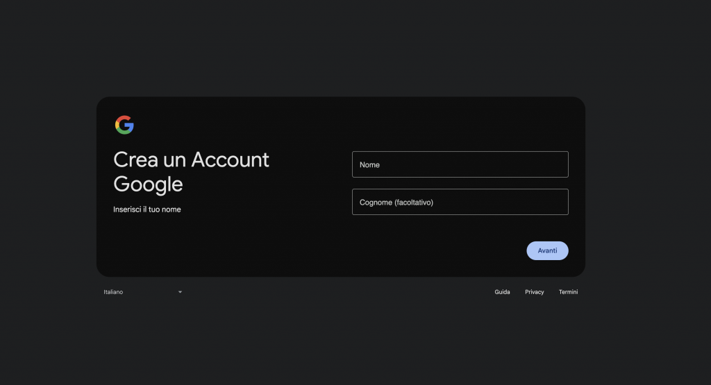 Come creare un account Google: schermata di registrazione 2025