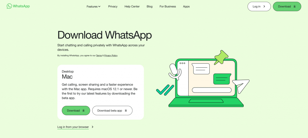 Screenshot della pagina web di whatsapp per mostrare come installare whatsapp su PC