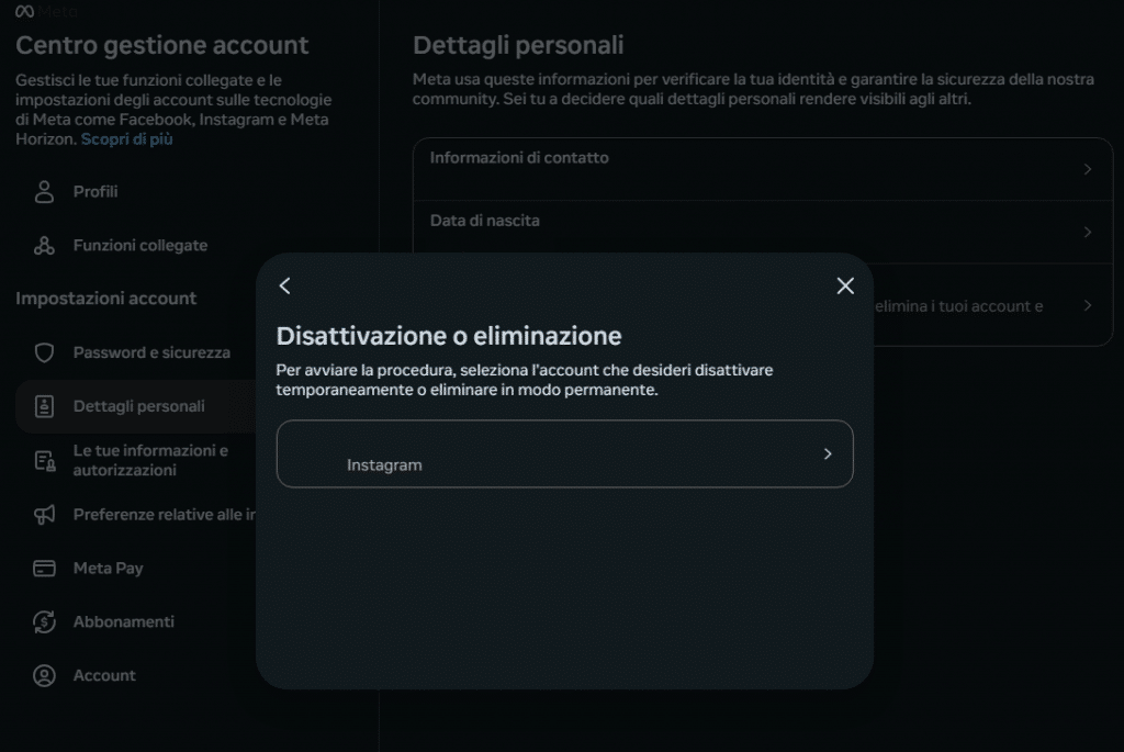 Immagine di riferimento con la schermata "Disattivazione o eliminazione" per spiegare come eliminare account Instagram
