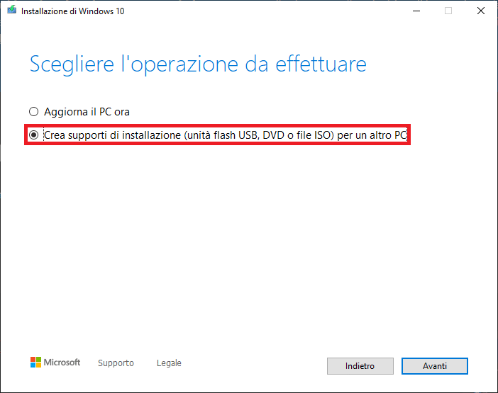 Media tool creation: campo da selezionare per procedere con la guida su come installare windows 10